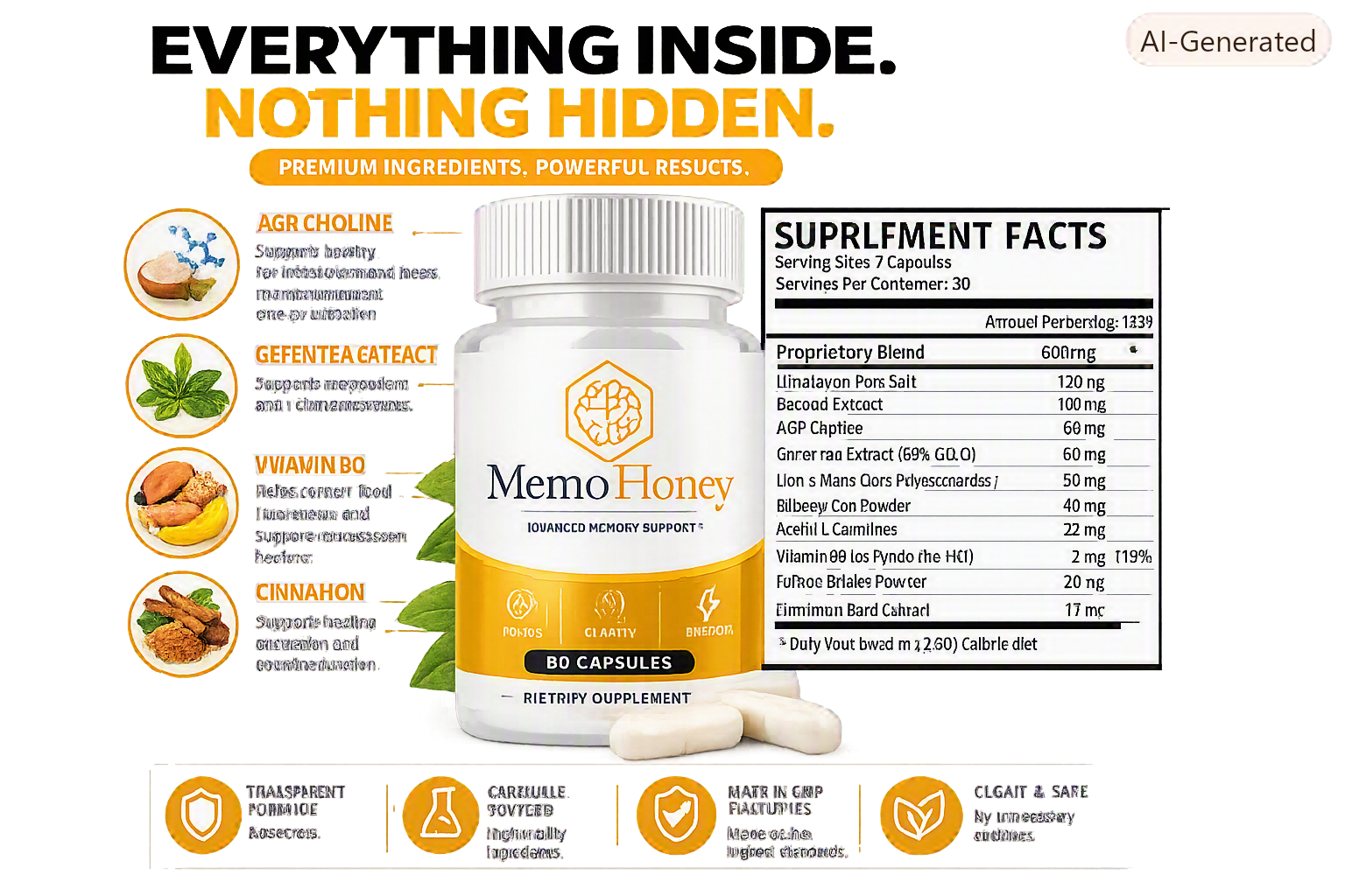MemoHoney supplement facts panel — full ingredient and dosage label